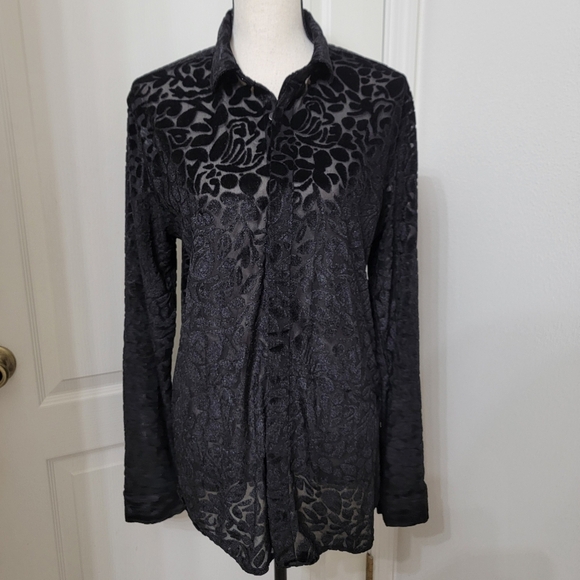 Zara Size M Relaxed Fit Black Velvet Burnout Long Sleeve Shirt, Semi-Sheer - Picture 1 of 15